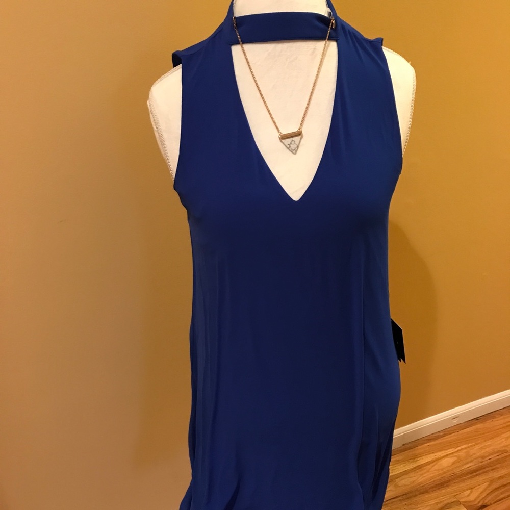 Royal blue cocktail dress with choker neck